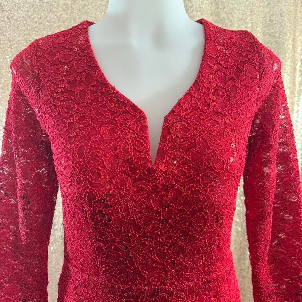 Red Lace Sequin Midi Dress V-Neck 3/4 Sleeve Back CutoutParty/Sizes S-M-L - Picture 6 of 8